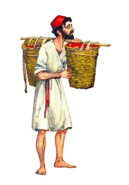 İncilsel sert kova ev işi çizgi film tarzında çizilmiş suluboya resim el resmi. Kirli giysili İsrailli erkek figürü. Üzgün yorgun İbrani yetişkin sakallı adam mesaj için beyaz boşlukta duruyor.