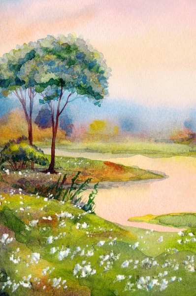 手作りの明るいピンクの水彩画のスケッチ静かな霧の渓谷の地平線の風景テキストのための紙の背景空間に 穏やかな野生の谷公園のクリークの上に手描きの光黄色の色雨の日没天国 — ストック写真