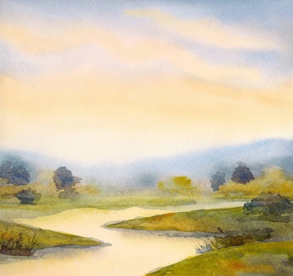 Handmade Bright Pink Watercolour Paint Sketch Quiet Fog Ravine Horizon — Stock Photo, Image