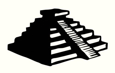 Büyük Chichenitza Tulum Kukulcan mozolesi mezar beyaz gökyüzü metin uzayı inşa etti. çizgi siyah el çizilmiş İnka Peru kalesi merdiven merdiveni soyut amblem tasarımı retro karikatür çizim tasarımı çizim tasarımı çizim tarzı