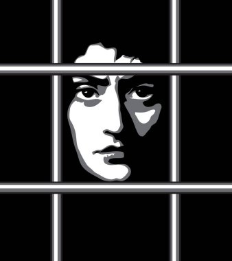 Yakından bakınca, yetişkinlerin çılgın tehlikesi, tek suçlu, üzgün, hırsız katil suratı. Yalnız çaresizlik kötü genç erkek demir mahkumu gücendirir sistem simgesine yardım eder klasik sanat grafiği vektör karanlık uzay çizer