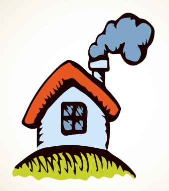 Kapalı kentsel malikane. Hafif kağıt etiketli metin alanı arkaplanı. Serbest hat siyah mürekkep kalem el çizimi küçük aile yerleşim nesnesi tasarımı oluşturur. Retro sanat karalama stili. Görünüm logosu amblemini kapat