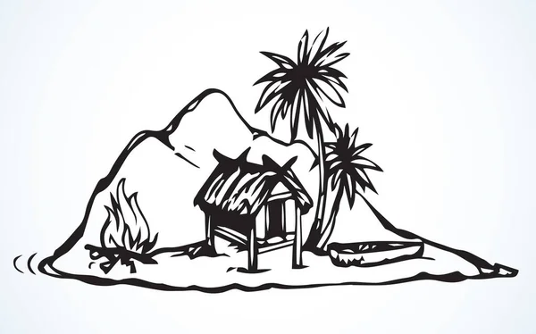 古い孤独観光休暇リゾートマリンロック砂漠の白い空 概要ブラックハンドドロー1 Baliコンセプトロゴアイコンサインシーン レトロアートドアライン漫画印刷スタイル旅行風光明媚な景色 — ストックベクタ