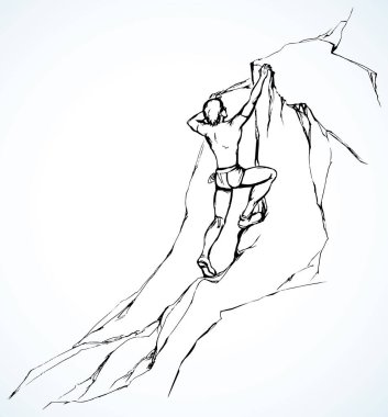 Bir genç, sağlıklı çocuk dağcı. Başarılı olmak zor. Beyaz gökyüzü mesaj alanı. Siyah çizgili adam halat sallıyor yükselen duvar tepesi uçurumu zirvesi. Deniz manzaralı eskiz çizimi çizgi film tarzını kapat