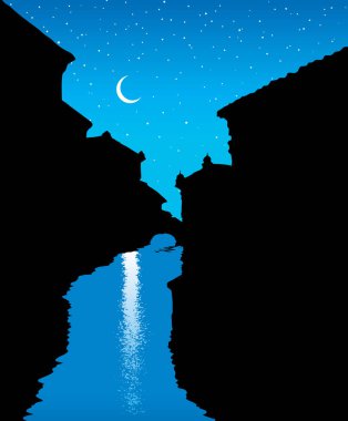 Şehir merkezindeki yaşlanmış romantik sahneler manzaralı şehir manzaralı mavi alacakaranlık, yıldızlı gece mesajlaşması. El çizimi gelenek, dış dünya seyahati manzara simgesi sanatın retro tarzında.