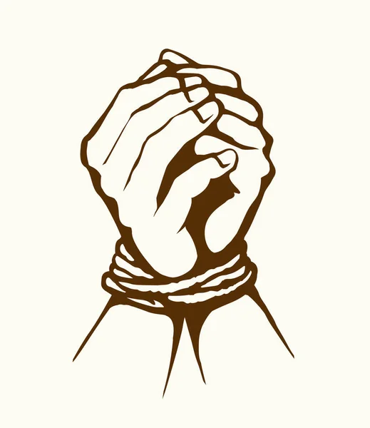 危险的监禁者在白色的空间上戴着手铐的绳子祈祷 黑线画的无法用手指捆绑上瘾图标符号的艺术卡通风格 关闭绑架逮捕抓住祈祷身体腕痛 — 图库矢量图片