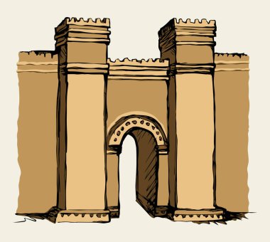 Asya Arabistan İbrani kasabası beyaz gökyüzü metin uzayında tuğla sahnesi. Doğu Yahudi logosu simgesini eski moda ressamlar Orta Doğulu Asya Arap dini tarzında ana hatlarıyla çizmiş. Ön görünüm
