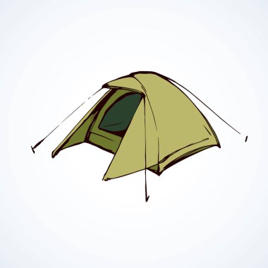 Açık gezici tatil köyü tente yerleşimi beyaz arka planda. Parlak zeytin rengi logo çizimi modern karalama şekilli kalemle kağıda çizilmiş. Metin için yakın görünüm ve boşluk