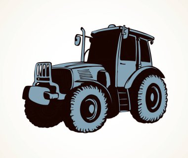 Büyük plastik otobüslü klasik bir köy tarım aracı modeli. Kağıda karalama stili kalemle çizilmiş serbest çizimli bir el resmi. Yerde metin için boşluk olan kenar görünümü