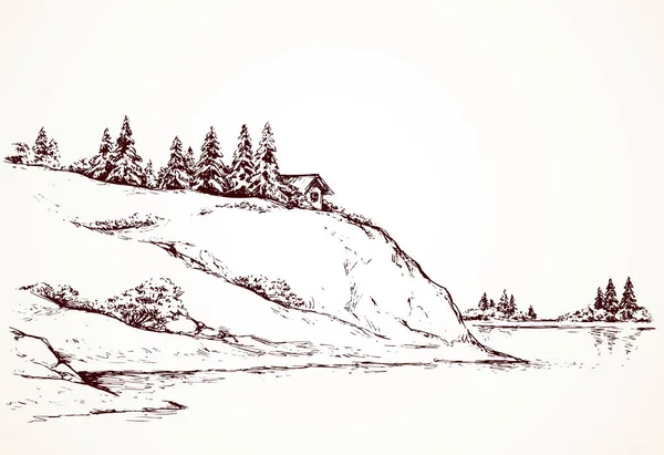 Русичний Скелястий Кущ Ялина Сцена Високому Березі Річки Альпійський Набережний — стоковий вектор