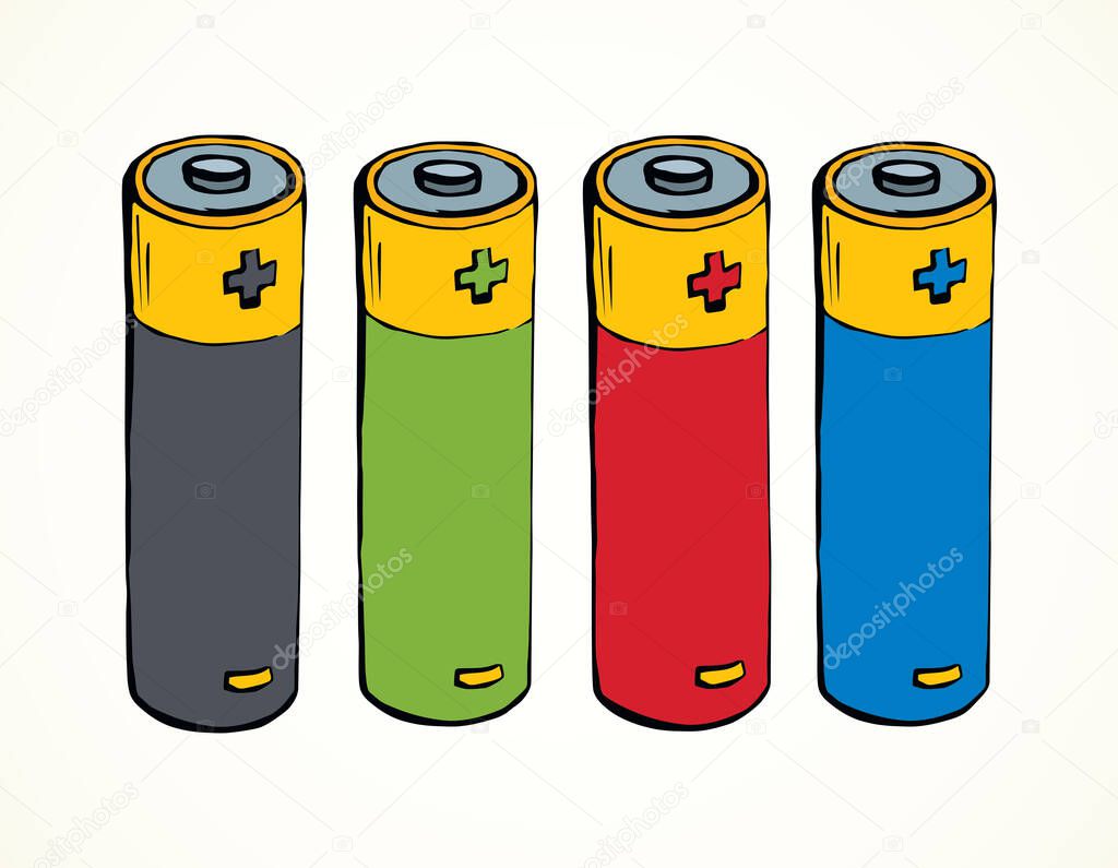 Modern auto engine chemical lithium cylinder on light backdrop. Bright multy color hand drawn pole object logo pictogram emblem concept in retro art doodle cartoon style on space for text. Closeup view
