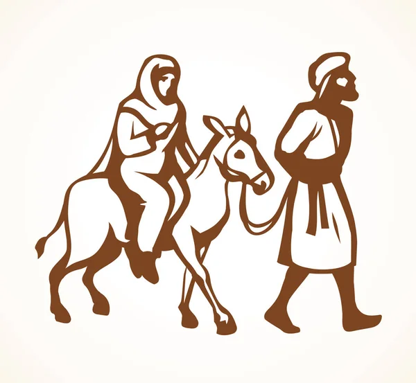 ヨゼフとマリアは白い空のテキストを背景にエジプトに砂漠に乗ります 線黒手描き古いメリーXmas来るEveストーリーサインアイコンロゴエンブレムスケッチでレトロアートドール漫画スタイル — ストックベクタ