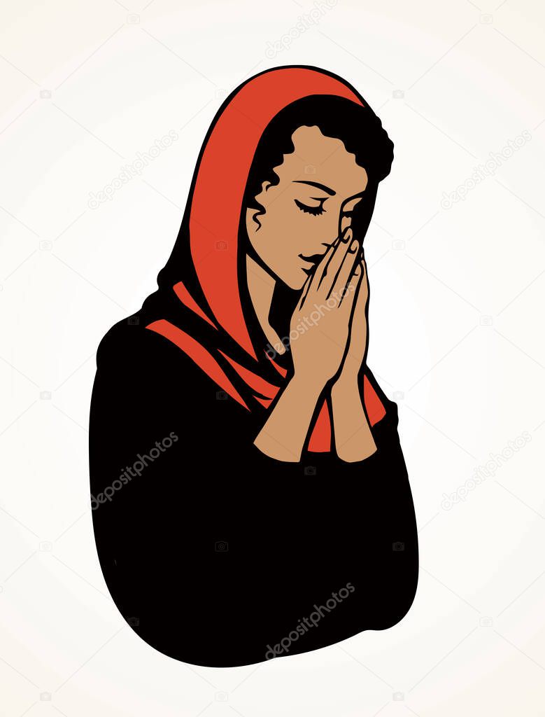 Young worry sorrow sad pretty kneel lady ask Lord on light white space for text. Black line ink drawn side thank purity praise plead fold palm arm girl logo sign icon concept sketch in retro art style