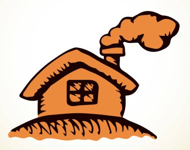 Kapalı kentsel malikane. Hafif kağıt etiketli metin alanı arkaplanı. Serbest hat siyah mürekkep kalem el çizimi küçük aile yerleşim nesnesi tasarımı oluşturur. Retro sanat karalama stili. Görünüm logosu amblemini kapat