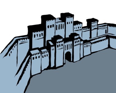 Asya Arabistan İbrani kasabası beyaz gökyüzü metin uzayında tuğla sahnesi. Doğu Yahudi logosu simgesini eski moda ressamlar Orta Doğulu Asya Arap dini tarzında ana hatlarıyla çizmiş. Ön görünüm