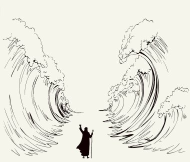 İsrail erkek lider kadrosunun kölelikten kaçtığına inanıyorum. Klasik İsrail sanat eseri çizimleri, el çizimi, karikatür çizimi gökyüzü. Büyük okyanus fırtınası ayrı pesach Seder Law Wonder sahnesi