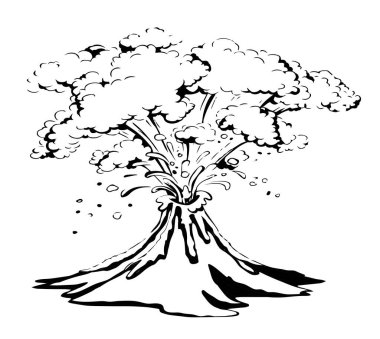 Kadim güç büyük ısı yanması erimiş volkan akıntısı sahnesi. Açık beyaz klasik metin alanı. Siyah el çizimi sıcak seyahat Vulkan logosu tasarımı. Retro çizim çizgisi tarzı. Üst manzara görünümü