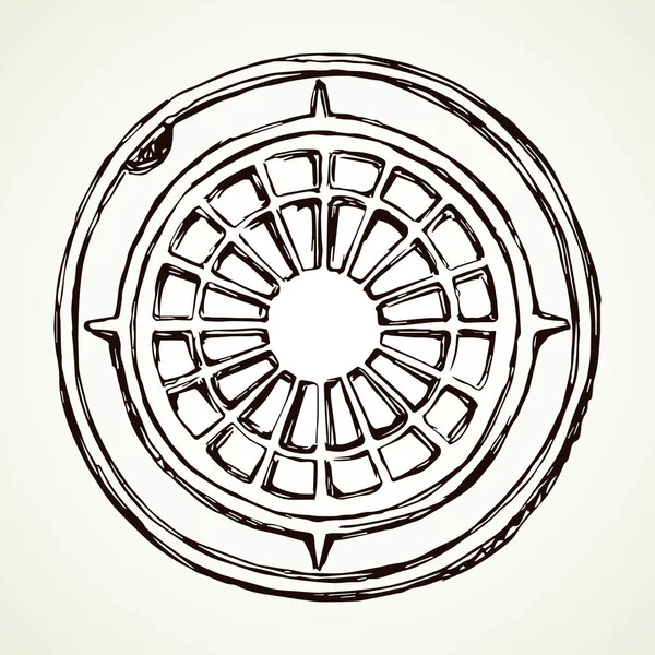 白道背景下卷取生锈安全井系统板 轮廓黑色手绘锈迹斑斑的图标设计在复古艺术涂鸦卡通画风格的纸张文字空间 — 图库矢量图片