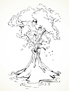 Kadim güç büyük ısı yanması erimiş volkan akıntısı sahnesi. Açık beyaz klasik metin alanı. Siyah el çizimi sıcak seyahat Vulkan logosu tasarımı. Retro çizim çizgisi tarzı. Üst manzara görünümü