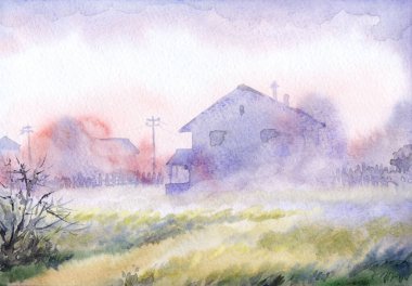 El çizimi suluboya ahır kulübesi açık kağıt metin arkaplanı. Sakin, nemli, sisli, kır ağacı manzaralı, dumanlı, parlak, mavi renkli, geçmişe dönük sanat eserleri.