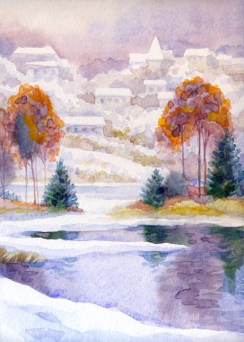 El çizimi sanat eseri serin yeni yıl sis bulutlu gün sahnesi. Açık beyaz kart arka plan eski tarz. Parlak renk eski çalı ormanı buz gibi soğuk sakin gölet göleti kıyısı manzarası