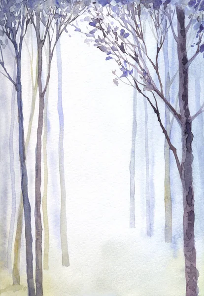 手描きのアーティスト水彩ライトブルーのペーパーカードテキストスペースの背景 ブラックカラーインクペイントブラシスタイルのデザインクールな霧の田舎の茂みの低木の景色 穏やかな死んだ古いTwigフェードヤード新年のシーン — ストック写真