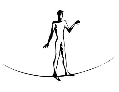 Cesur riskli adam, güvenlik becerisini eski bir ip direği yolunda buldu. Kağıt metin alanı görünümü. Siyah mürekkep kaleminin çizdiği sert korku boyu risk arz eden logo. Retro sanatçı doodle tarzı tasarımı