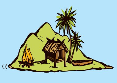 Eski yalnızlık turistik tatil beldesi deniz taşlı çöl mavi gökyüzü. Siyah el, 1 bali konsept logo simgesi tabela sahnesi çizdi. Retro sanat karalama çizgisi çizgi film baskı tarzı gezi manzarası