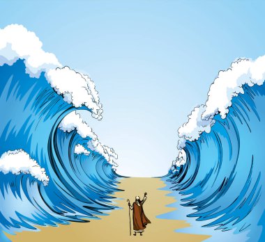 İsrail erkek lider kadrosunun kölelikten kaçtığına inanıyorum. Klasik İsrail sanat eseri çizimleri, el çizimi, karikatür çizimi gökyüzü. Büyük okyanus fırtınası ayrı pesach Seder Law Wonder sahnesi