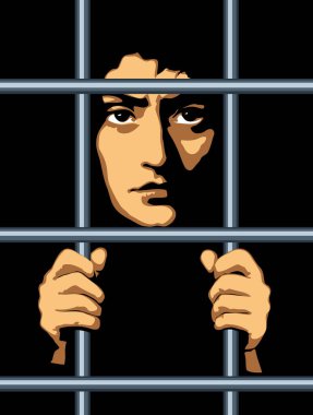 Yakından bakınca, yetişkinlerin çılgın tehlikesi, tek suçlu, üzgün, hırsız katil suratı. Yalnız çaresizlik kötü genç erkek demir mahkumu gücendirir sistem simgesine yardım eder klasik sanat grafiği vektör karanlık uzay çizer