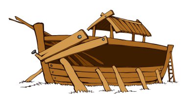 Büyük ahşap yay Ararat 'ın toprağını harap ediyor. Beyaz gökyüzü mesaj uzayı. Antika çizgiler karalama komik stil siyah el çizim Genesis kutsal Tanrım umut gospel proje resim tasarım konsepti inşa