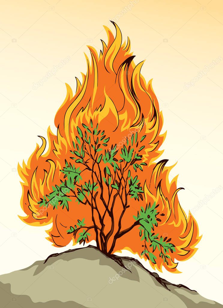 Closeup old holy bright fiery hot ash branch hazard scene view light white sky text space. Line dark black hand drawn global warm egypt life icon logo sign concept ancient art cartoon story tale style