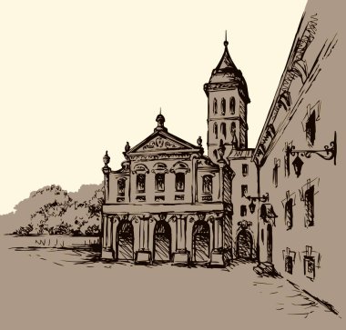 Şehir merkezinde yaşlanmış romantik bir yaz yeri. Büyük çizgi ortaçağ ön kapı manzarası. Eskimiş karikatür karikatür karalama gravür stiliyle çizilmiş siyah bir el resmi. Beyaz gökyüzü arkaplanındaki kağıt metin alanı