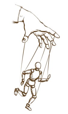 Beyaz ahşap kravat köle model hareket ustası diktatörü asıyor. Siyahi, otoriter, politik tiyatro yönetmeni, sanatçı oyunu, nesne kariyeri, işaret simgesi çizimi, retro sanat karikatür vektör stili.