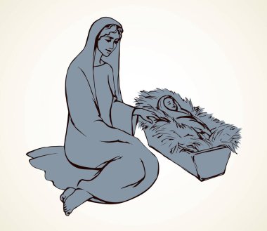 Açık beyaz kağıt üzerinde mutlu saman sembolü sahnesi tebrik kartı alanı. Çizgi siyah el çizilmiş şirin, neşeli, mesih, Noel kadını ikon, tabela, resim çizimi, antik sanat çizgi film tarzı.