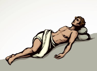 Yunan sağlıklı kurban rahatlaması. Yatak odasındaki kanepede. Siyah çizilmiş yetişkin Roma hasta portre ikonu resmi. Eski kutsal Yahudi İncil 'i. Yahudi saçı. İbranice karikatür tarzı.