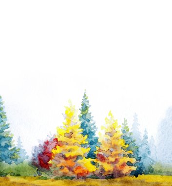 El çizimi suluboya resim beyaz kağıt desenli metin arkaplanı çizimi. Islak sis günü manzaralı bulutlu sis manzarası. Parlak kırmızı turuncu renk yabani tayga otlar kara akrilik Rusya manzarası