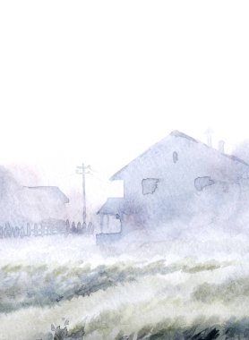 El çizimi suluboya ahır kulübesi açık kağıt metin arkaplanı. Sakin, nemli, sisli, kır ağacı manzaralı, dumanlı, parlak, mavi renkli, geçmişe dönük sanat eserleri.