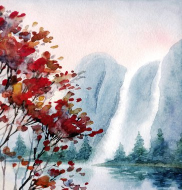 Suluboya boya bulutlu, bulanık, kayalık deniz kıyısı sahnesi, arka plan kâğıdı, metin alanı. Koyu kırmızı renkli sis bulutu vadi çağlayan deresi. Açık hava yabani çalı bitkisi kır manzaralı çizim çizimi