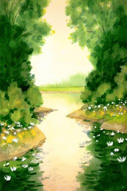 El çizimi, açık renkli bulutlar üzerinde kağıt arkaplan metin alanı üzerine suluboya resim. Sonbahar karanlık gece kırsal bulutlu yağmur sisi manzara manzarası. Bereketli sazlık çalısı sisli dere koyuna yansıyor