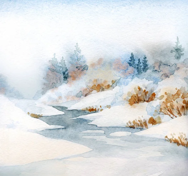明るい手描き水彩画のスケッチアートワークライトペーパーカードの背景テキストスペース上 穏やかな青い色のドリフト低木植物の冬の日のシーン 氷の新年解凍小川湾の海岸風景 — ストック写真