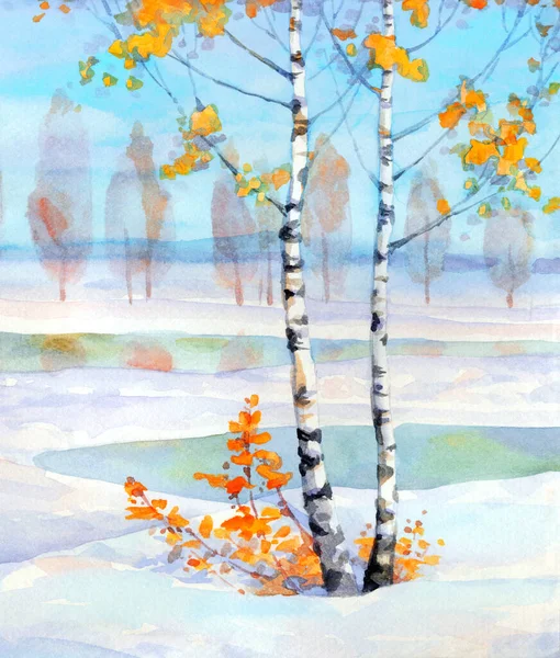 活気のある手描き水彩画のスケッチアートワークは テキスト用のライトペーパーカードの背景スペースにあります 静かな青い色のドリフト冬の日のアーティストのシーン 若いですアスペン低木トランク樹皮で穏やかな氷の小川湾 — ストック写真
