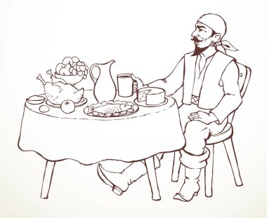 Komik, mutlu, aç soyguncu, beyaz bira, çerez, kale duvarı mesaj alanı. Siyah mürekkep çizilmiş el çizimi yaşlı korsan denizci giysisi komik çizim çizgisi geçmiş hikaye tarzı. Kral Savaşçı Şövalye!