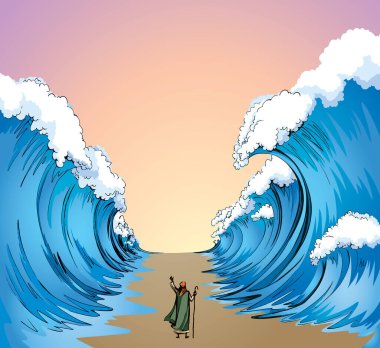 İsrail erkek lider kadrosunun kölelikten kaçtığına inanıyorum. Klasik İsrail sanat eseri çizimleri, el çizimi, karikatür çizimi gökyüzü. Büyük okyanus fırtınası ayrı pesach Seder Law Wonder sahnesi