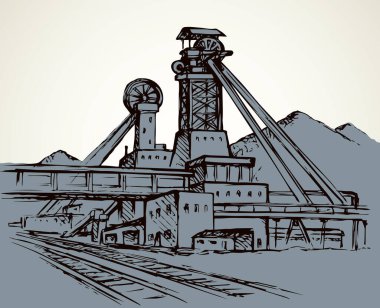 Eski büyük demir madenleri, beyaz gökyüzünde rafine edilmiş kazı fabrikası çalışmaları. Siyah çizgili el ağır kömür karbon ham dizel tank servis simgesi metin taslağını retro yüksek sanat karikatürü olarak çizdi