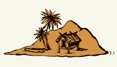 Eski yalnızlık turistik tatil beldesi deniz kumu çöl beyaz gökyüzü. Siyah el, 1 bali konsept logo simgesi tabela sahnesi çizdi. Retro sanat karalama çizgisi çizgi film baskı tarzı gezi manzarası