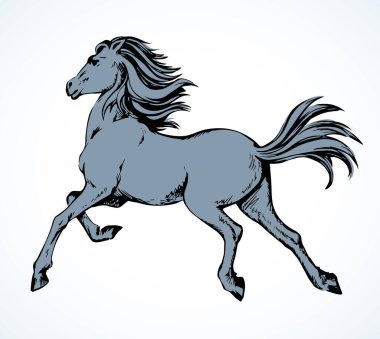 Muhteşem gururlu beyaz atlı at yarışı parkında akıllıca geri geri gidiyor. Freehand ana hatlarıyla siyah mürekkep kalem el çizilmiş Endülüs binicisi canavar logosu piktogram tasarımı. Sanat karalama retro kağıt çizgi film tarzı