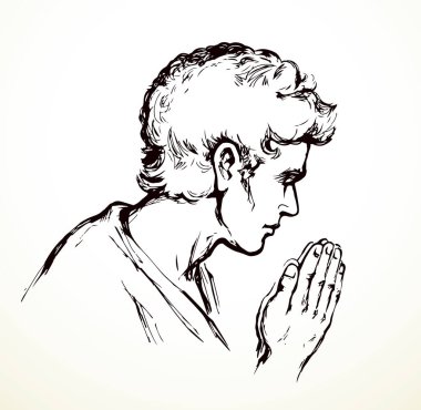 Günah kederi endişe meditasyon hattı aşk palmiye konsepti logosu. Siyah mürekkep çizilmiş genç bayan ruha teşekkür et ruh parmağını katla İncil 'de geçen sanat eserlerinin amblemi beyaz arka plan