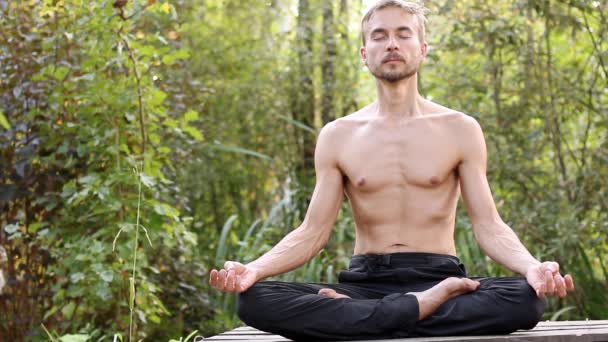 Ung Skäggig Man Öva Yoga Utomhus Hans Sitter Pose Lotus — Stockvideo