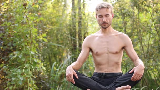 Young Man Sitting Pose Lotus Eyes Closed Breath Deeply Open — Stock Video